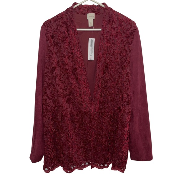 Chico's Lace Trim Blazer Jacket‎ Open Front Burgundy Career Size 3 Suede Boho - Picture 1 of 7